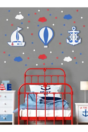 Wooden Ship Balloon And Anchor Figured Children's Room Decorative Led Lighting/Night Lamp 3 Set-Blue - UNIQRAFT DESIGN (1)