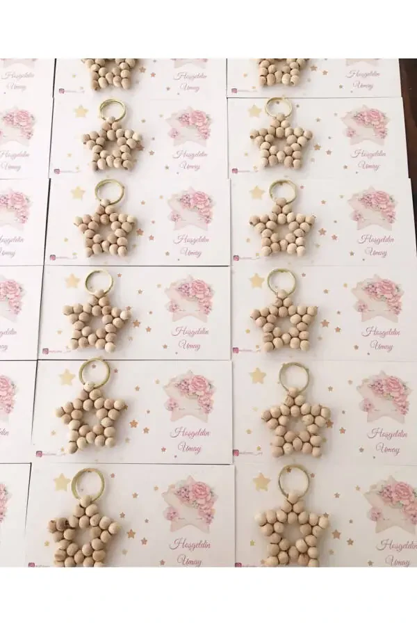 Wooden Star Keychain 15 Pieces Gift Words, Engagement, Henna, Wedding, Birthday, Mevlit Gift - 8