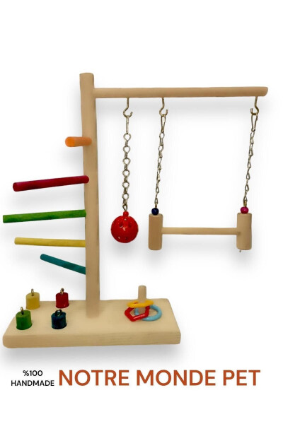 Wooden T Perch Suitable for Parakeets etc. Birds with Intelligence Game Bell Ball Swing - 3