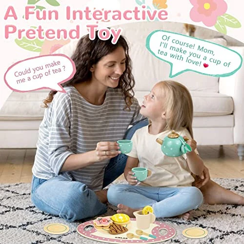 Wooden Tea Set for Little Girls Play Food Pretend Play Kitchen Accessories for 3 4 5 Years Old Girls and Boys Toddler Princess Tea Time Party Food Toys - 29