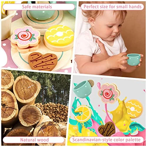 Wooden Tea Set for Little Girls Play Food Pretend Play Kitchen Accessories for 3 4 5 Years Old Girls and Boys Toddler Princess Tea Time Party Food Toys - 15