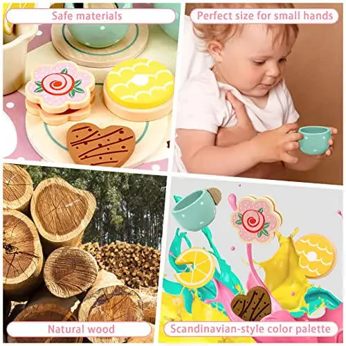 Wooden Tea Set for Little Girls Play Food Pretend Play Kitchen Accessories for 3 4 5 Years Old Girls and Boys Toddler Princess Tea Time Party Food Toys - 9