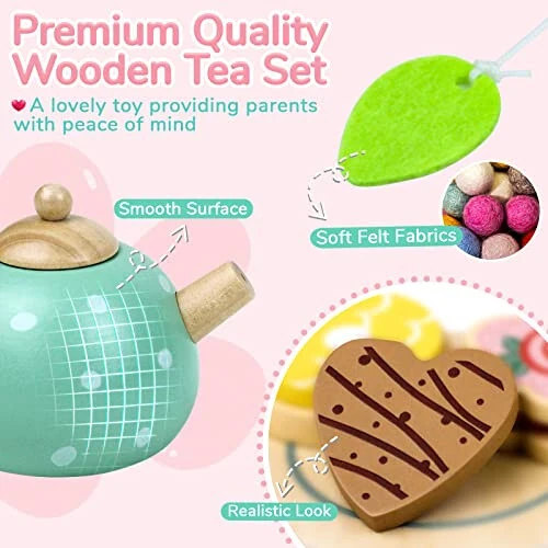 Wooden Tea Set for Little Girls Play Food Pretend Play Kitchen Accessories for 3 4 5 Years Old Girls and Boys Toddler Princess Tea Time Party Food Toys - Wooden (1)