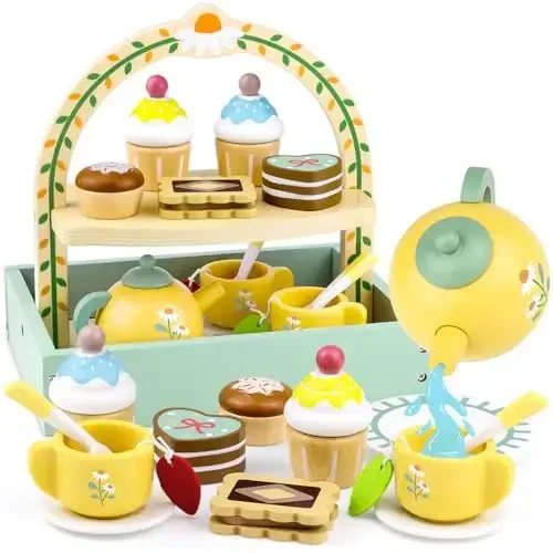 Wooden Tea Sets for Little Girls 1-3 Play Food Cake Toys Toddlers 3-5 Kitchen Accessories Pretend Play Princess Playset for 2 3 4 5 6 Year Old Girl Boy Party Birthday Gift 