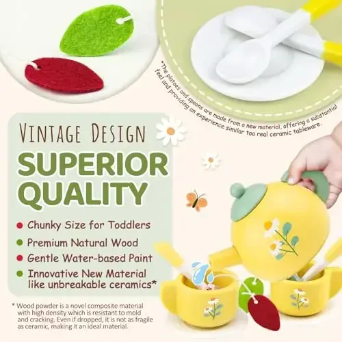 Wooden Tea Sets for Little Girls 1-3 Play Food Cake Toys Toddlers 3-5 Kitchen Accessories Pretend Play Princess Playset for 2 3 4 5 6 Year Old Girl Boy Party Birthday Gift - 2