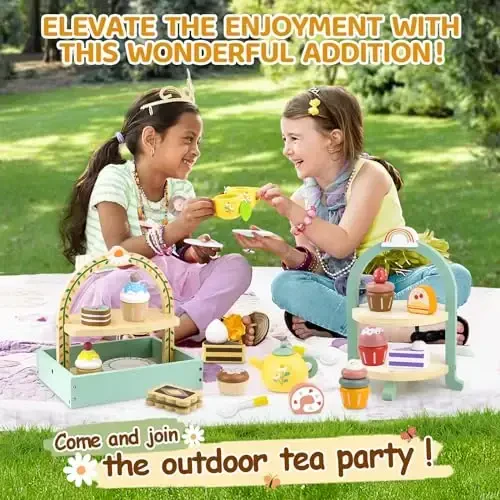 Wooden Tea Sets for Little Girls 1-3 Play Food Cake Toys Toddlers 3-5 Kitchen Accessories Pretend Play Princess Playset for 2 3 4 5 6 Year Old Girl Boy Party Birthday Gift - 4