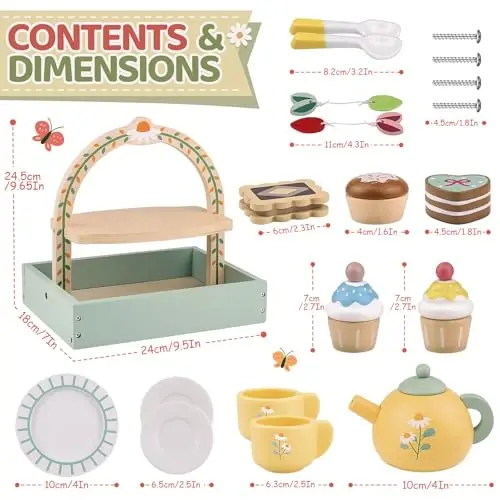 Wooden Tea Sets for Little Girls 1-3 Play Food Cake Toys Toddlers 3-5 Kitchen Accessories Pretend Play Princess Playset for 2 3 4 5 6 Year Old Girl Boy Party Birthday Gift - WOODEN (1)