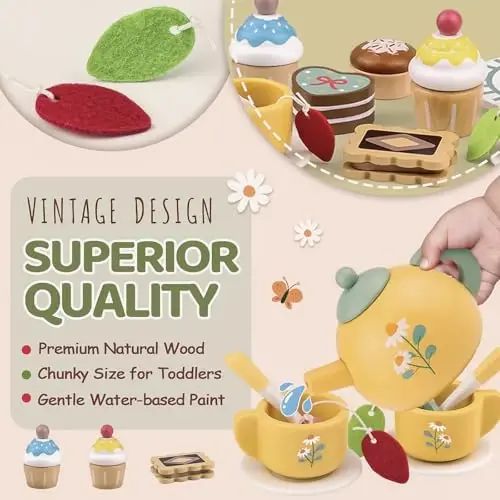 Wooden Tea Sets for Little Girls 1-3 Play Food Cake Toys Toddlers 3-5 Kitchen Accessories Pretend Play Princess Playset for 2 3 4 5 6 Year Old Girl Boy Party Birthday Gift - 3