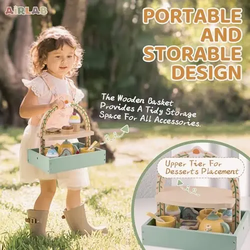 Wooden Tea Sets for Little Girls 1-3 Play Food Cake Toys Toddlers 3-5 Kitchen Accessories Pretend Play Princess Playset for 2 3 4 5 6 Year Old Girl Boy Party Birthday Gift - 4