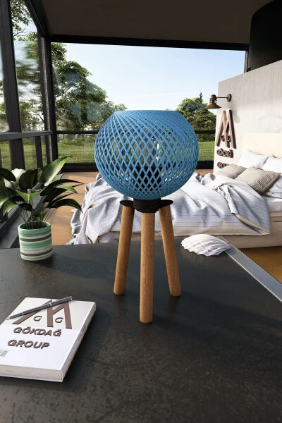 Wooden Three-Legged Tripod Lamp with Blue Globe Head - NATUREL LIGHTING