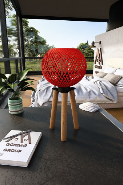 Wooden Three-Legged Tripod Table Lamp with Red Globe Head - 2