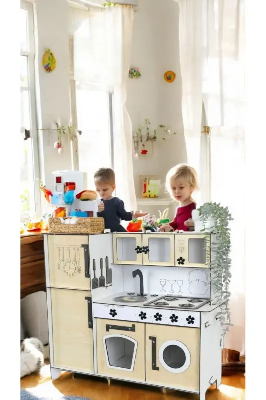 Wooden Toy Kitchen with Fridge, Kitchen Set Toy, Toy Kitchen-Maple - 2