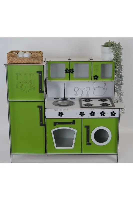 Wooden Toy Kitchen with Refrigerator - Green - BAHADIR GRUP
