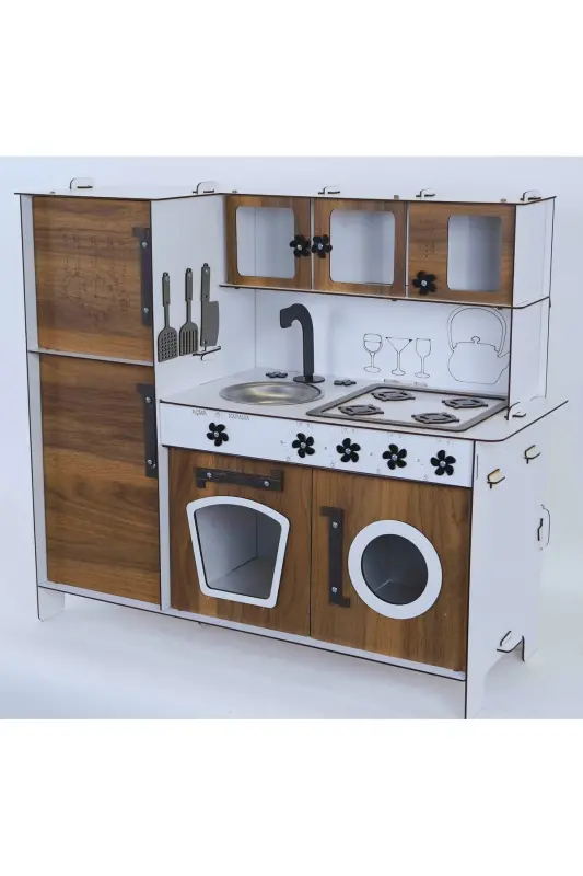 Wooden Toy Kitchen with Refrigerator - New Walnut - BAHADIR GRUP