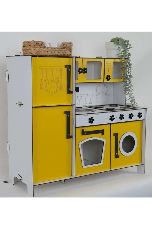 Wooden Toy Kitchen with Refrigerator - Yellow - 3