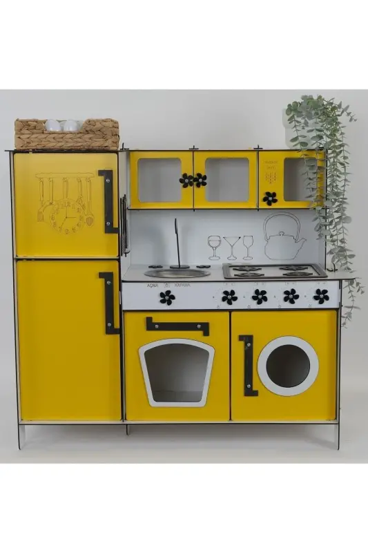 Wooden Toy Kitchen with Refrigerator - Yellow - 5