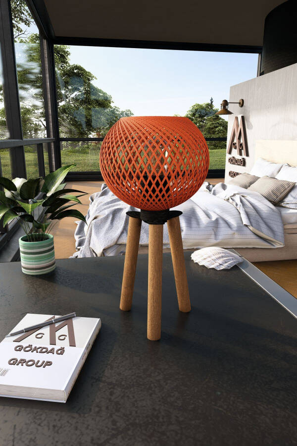 Wooden Tripod Table Lamp with Orange Ball Head - 2