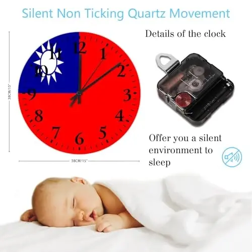 Wooden Wall Clock Analog Round Non-ticking Taiwan Flag Frameless Wall Clocks Patriotic Vanity Gift Home Decor for Fitness Room Bedroom Daycare 15 Inch - 3