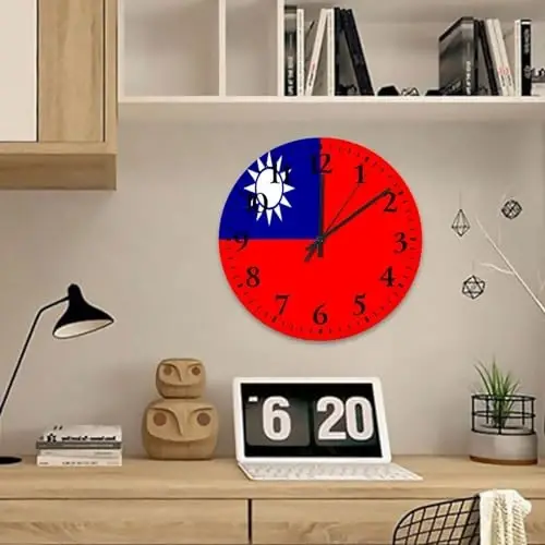 Wooden Wall Clock Analog Round Non-ticking Taiwan Flag Frameless Wall Clocks Patriotic Vanity Gift Home Decor for Fitness Room Bedroom Daycare 15 Inch - 4