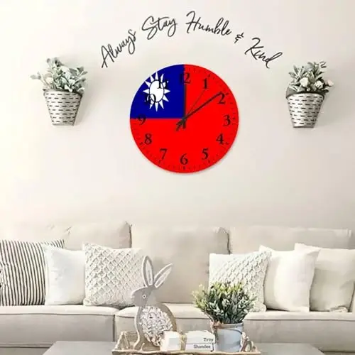 Wooden Wall Clock Analog Round Non-ticking Taiwan Flag Frameless Wall Clocks Patriotic Vanity Gift Home Decor for Fitness Room Bedroom Daycare 15 Inch - 5