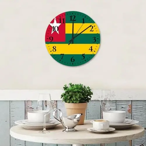 Wooden Wall Clock Non-Ticking Sweep Movement Togo Flag Vintage Wall Clocks Patriotic Vanity Gift Wall Decor for Restroom Home Daycare 15 Inch - 2