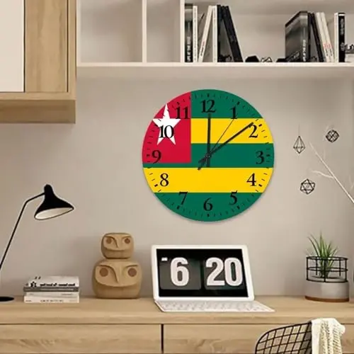 Wooden Wall Clock Non-Ticking Sweep Movement Togo Flag Vintage Wall Clocks Patriotic Vanity Gift Wall Decor for Restroom Home Daycare 15 Inch - 4