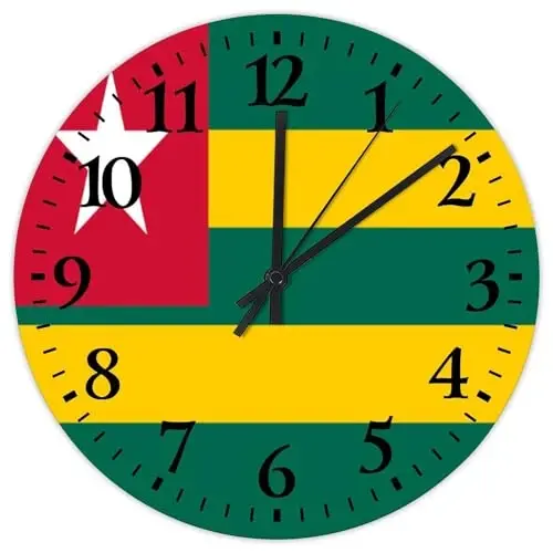 Wooden Wall Clock Non-Ticking Sweep Movement Togo Flag Vintage Wall Clocks Patriotic Vanity Gift Wall Decor for Restroom Home Daycare 15 Inch 