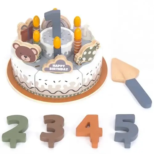 WoodenEdu Pretend Play Food for Toddlers 2-5,Wooden Birthday Fake Cake with Candles and Numbers,Tea Party Learning Kitchen Gift Toys for Boys Girls (Grey Cake) - WOODENEDU