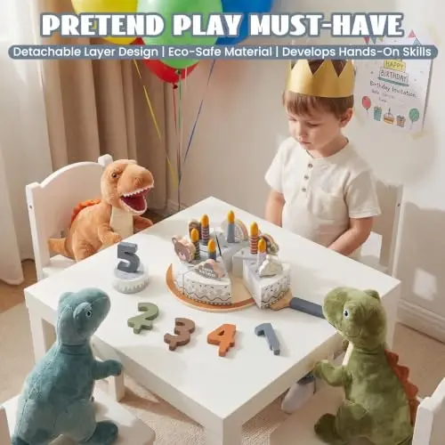 WoodenEdu Pretend Play Food for Toddlers 2-5,Wooden Birthday Fake Cake Toy | Including Candles and Numbers,Tea Party Role Play Learning Kitchen Set Birthday Gift Toys for Boys Girls 