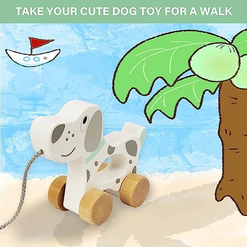 WoodenEdu Baby Toys Car, Wooden Pull Along Toddler Toy, Developmental Toy for 1 Year Old Girl Boy Birthday Gift (Dog) - 31