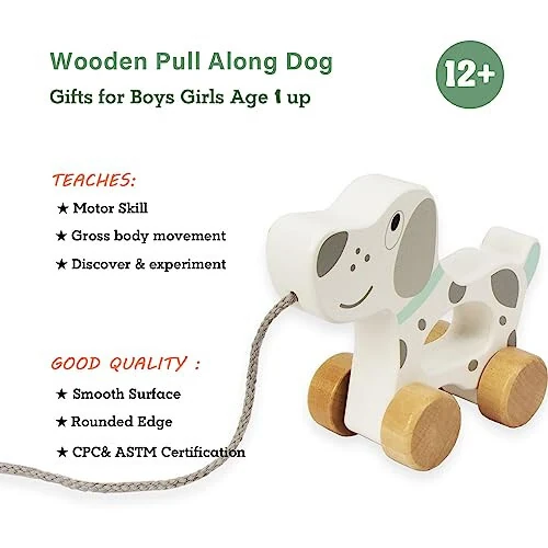 WoodenEdu Baby Toys Car, Wooden Pull Along Toddler Toy, Developmental Toy for 1 Year Old Girl Boy Birthday Gift (Dog) - WoodenEdu (1)