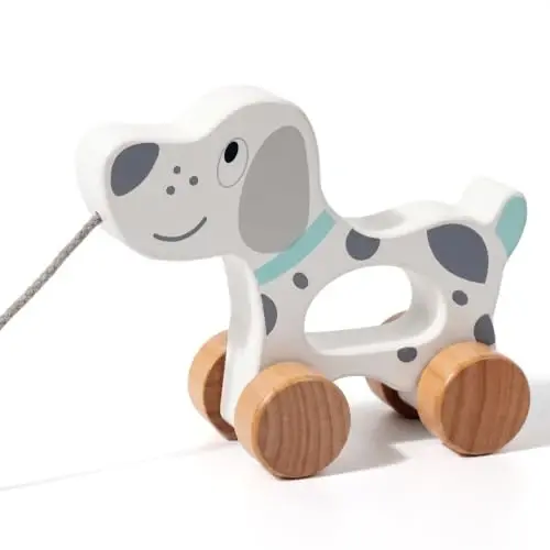 WoodenEdu Baby Toys Car, Wooden Pull Along Toddler Toy, Developmental Toy for 1 Year Old Girl Boy Birthday Gift (Dog) 