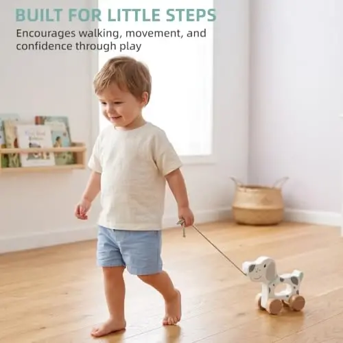 WoodenEdu Baby Toys Car, Wooden Pull Along Toddler Toy, Developmental Toy for 1 Year Old Girl Boy Birthday Gift (Dog) - 4