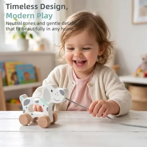 WoodenEdu Baby Toys Car, Wooden Pull Along Toddler Toy, Developmental Toy for 1 Year Old Girl Boy Birthday Gift (Dog) - 5