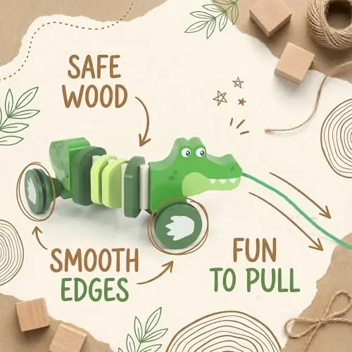 WoodenEdu Baby Toys Car,Wooden Pull Along Toddler Toy, Developmental Toy for 1 Year Old Girl Boy Birthday Gift (Crocodile) - 2