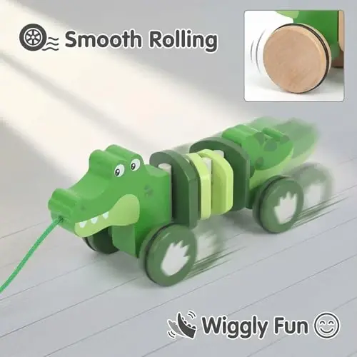 WoodenEdu Baby Toys Car,Wooden Pull Along Toddler Toy, Developmental Toy for 1 Year Old Girl Boy Birthday Gift (Crocodile) - 3