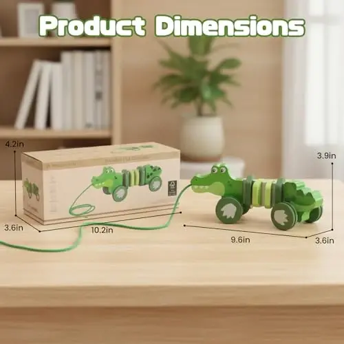 WoodenEdu Baby Toys Car,Wooden Pull Along Toddler Toy, Developmental Toy for 1 Year Old Girl Boy Birthday Gift (Crocodile) - 4