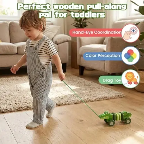 WoodenEdu Baby Toys Car,Wooden Pull Along Toddler Toy, Developmental Toy for 1 Year Old Girl Boy Birthday Gift (Crocodile) - 5