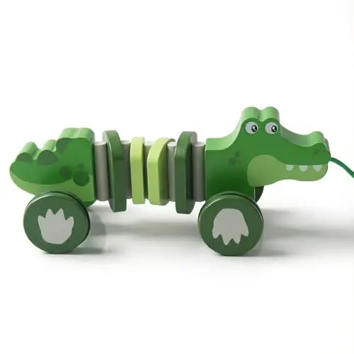 WoodenEdu Baby Toys Car,Wooden Pull Along Toddler Toy, Developmental Toy for 1 Year Old Girl Boy Birthday Gift (Crocodile) - 1