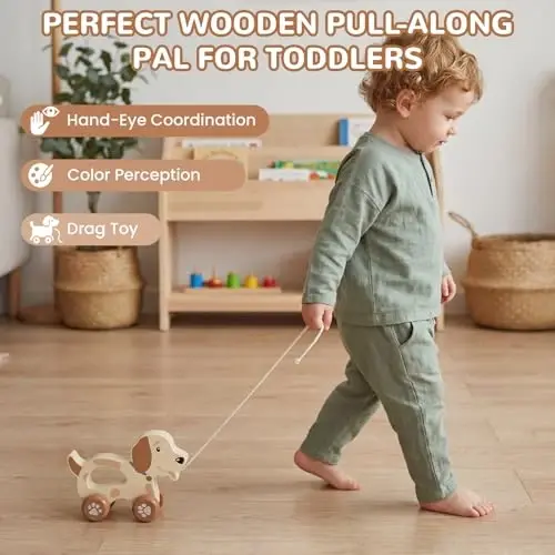 WoodenEdu Baby Toys Car,Wooden Pull Along Toddler Toy, Developmental Toy for 1 Year Old Girl Boy Birthday Gift (Cute Dog) - 5
