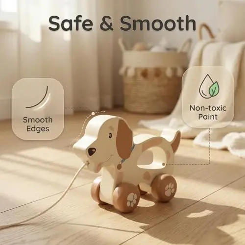 WoodenEdu Baby Toys Car,Wooden Pull Along Toddler Toy, Developmental Toy for 1 Year Old Girl Boy Birthday Gift (Cute Dog) - 2
