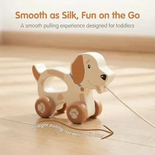 WoodenEdu Baby Toys Car,Wooden Pull Along Toddler Toy, Developmental Toy for 1 Year Old Girl Boy Birthday Gift (Cute Dog) - 3