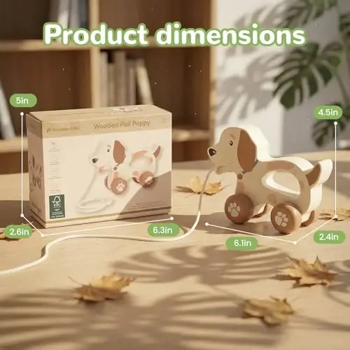 WoodenEdu Baby Toys Car,Wooden Pull Along Toddler Toy, Developmental Toy for 1 Year Old Girl Boy Birthday Gift (Cute Dog) - 4