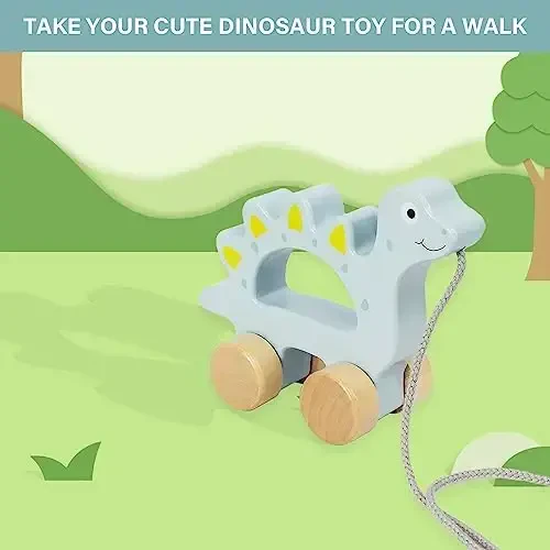 WoodenEdu Baby Toys Car,Wooden Pull Along Toddler Toy, Developmental Toy for 1 Year Old Girl Boy Birthday Gift (Dinosaur) - 4