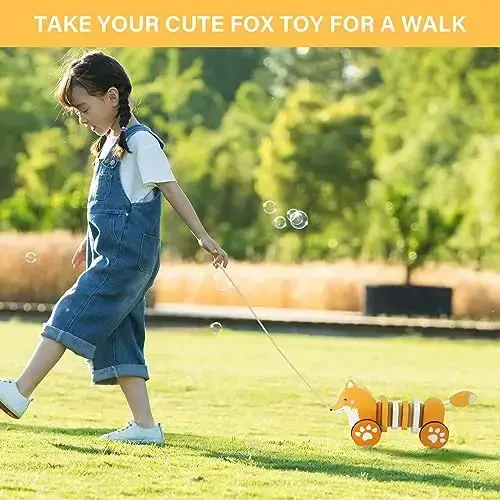 WoodenEdu Baby Toys Car,Wooden Pull Along Toddler Toy, Developmental Toy for 1 Year Old Girl Boy Birthday Gift (Fox) - 6