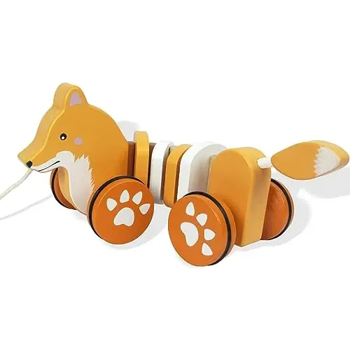 WoodenEdu Baby Toys Car,Wooden Pull Along Toddler Toy, Developmental Toy for 1 Year Old Girl Boy Birthday Gift (Fox) - 1