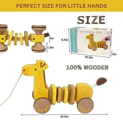WoodenEdu Baby Toys Car,Wooden Pull Along Toddler Toy, Developmental Toy for 1 Year Old Girl Boy Birthday Gift (Giraffe) - 6
