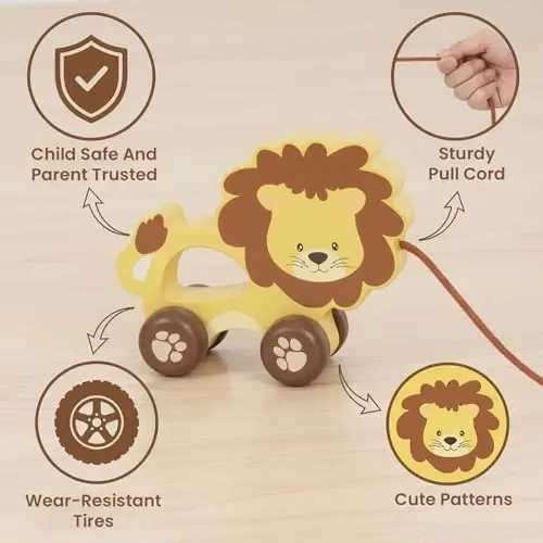 WoodenEdu Baby Toys Car,Wooden Pull Along Toddler Toy, Developmental Toy for 1 Year Old Girl Boy Birthday Gift (Lion) - 3