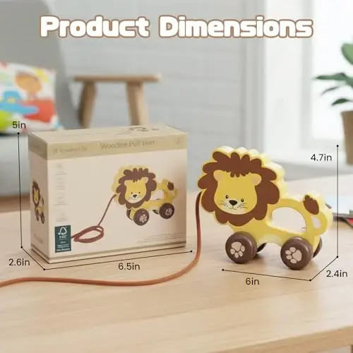 WoodenEdu Baby Toys Car,Wooden Pull Along Toddler Toy, Developmental Toy for 1 Year Old Girl Boy Birthday Gift (Lion) - 4