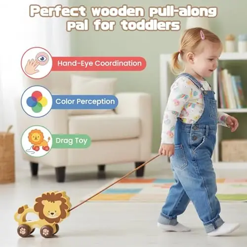 WoodenEdu Baby Toys Car,Wooden Pull Along Toddler Toy, Developmental Toy for 1 Year Old Girl Boy Birthday Gift (Lion) - 5
